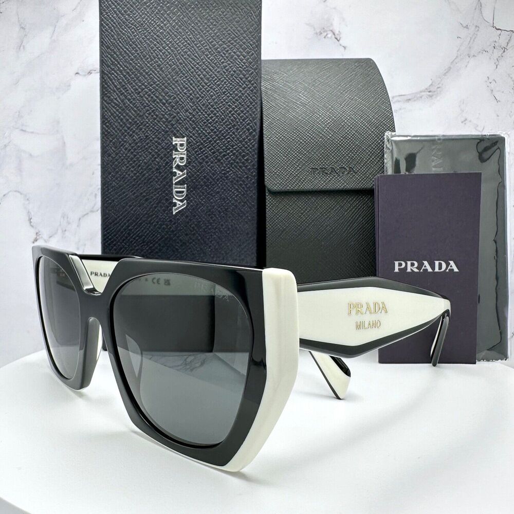 New Prada Sunglasses Womens Black White Symbole Logo Authentic Gold Logo Italy - Picture 13 of 16